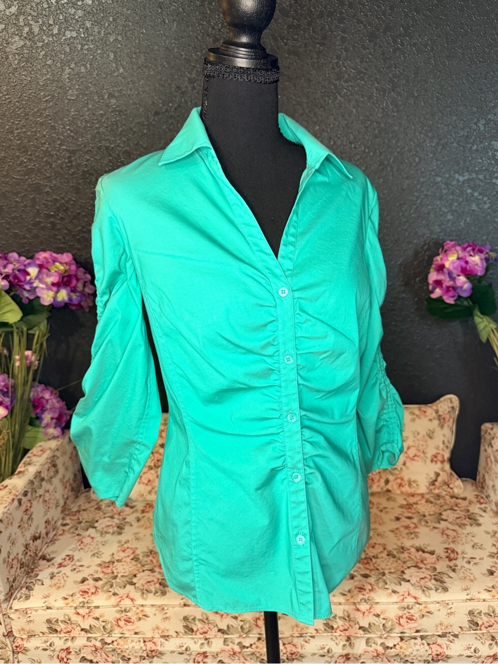 Lafayette 148 New York Ruched Front Button-Down Shirt - Teal - Picture 2 of 8
